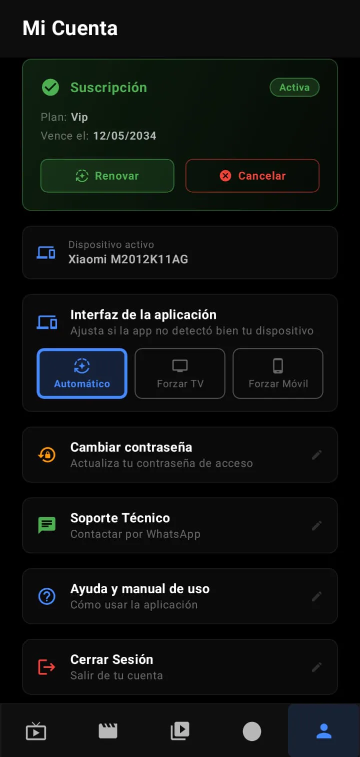Pantalla Mi Cuenta de Cóndor Play con suscripción activa, dispositivo y ajustes de interfaz