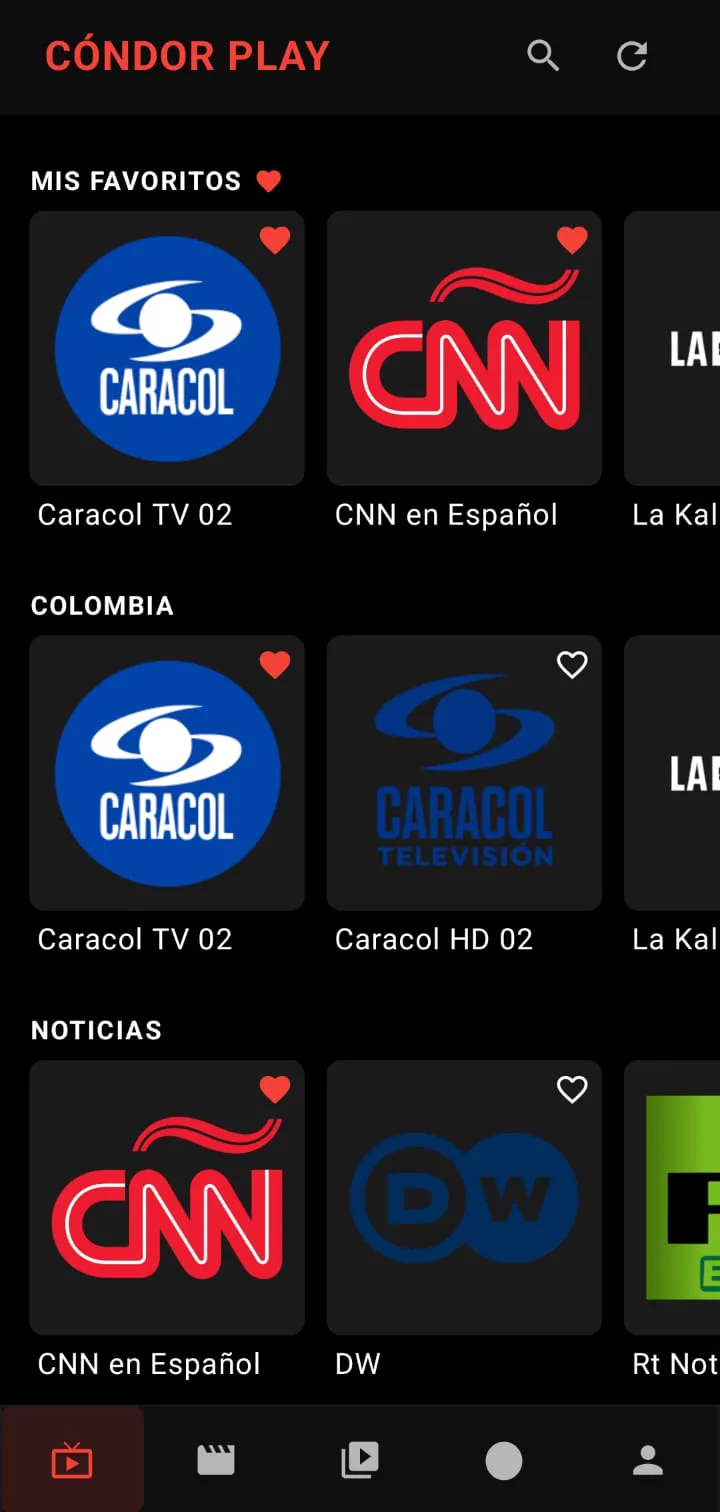 Pantalla de TV en vivo de Cóndor Play con canales favoritos y por categoría